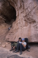 020:  Katerina and Lukas read the register at the base of the All American Man ruin complex.