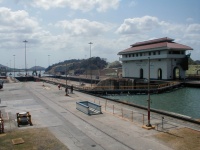 This is the Miraflores locks, the first step in traversing the Panama Canal from the Pacific. 2/26/03